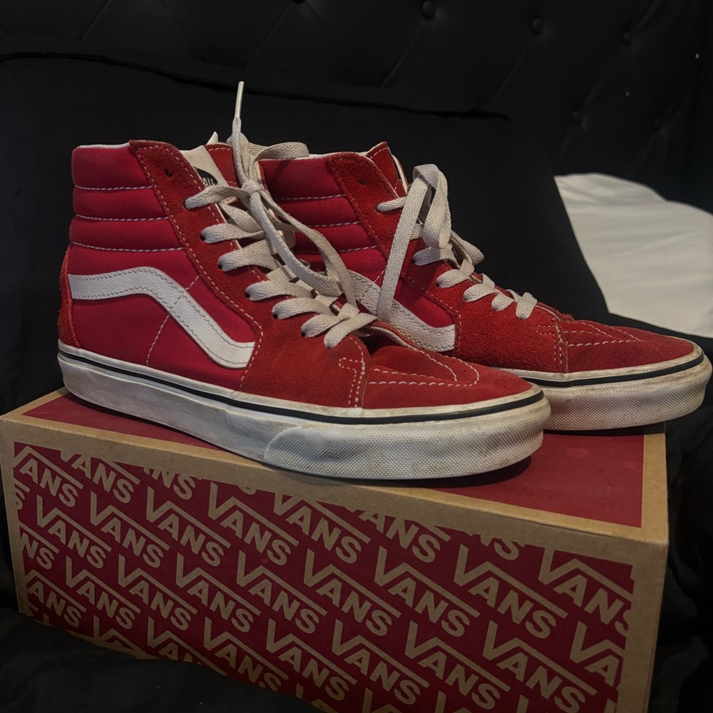 Vans Red and White Sk8-Hi Sneakers